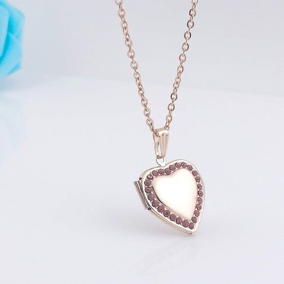 Birthstone Photo Locket Necklace with Blue, Red, White CZ - Stylish Gift for Her - Picture 2 of 6